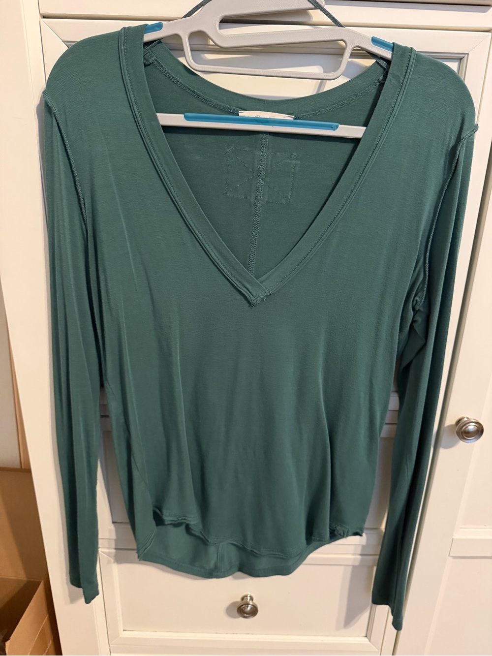 We The Free Deep V Long Sleeve Tee in Teal Green
